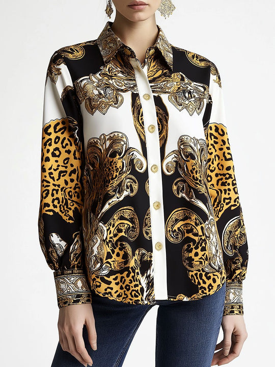 Retro Lapel Leopard Pattern Buttons Long Sleeve Shirt