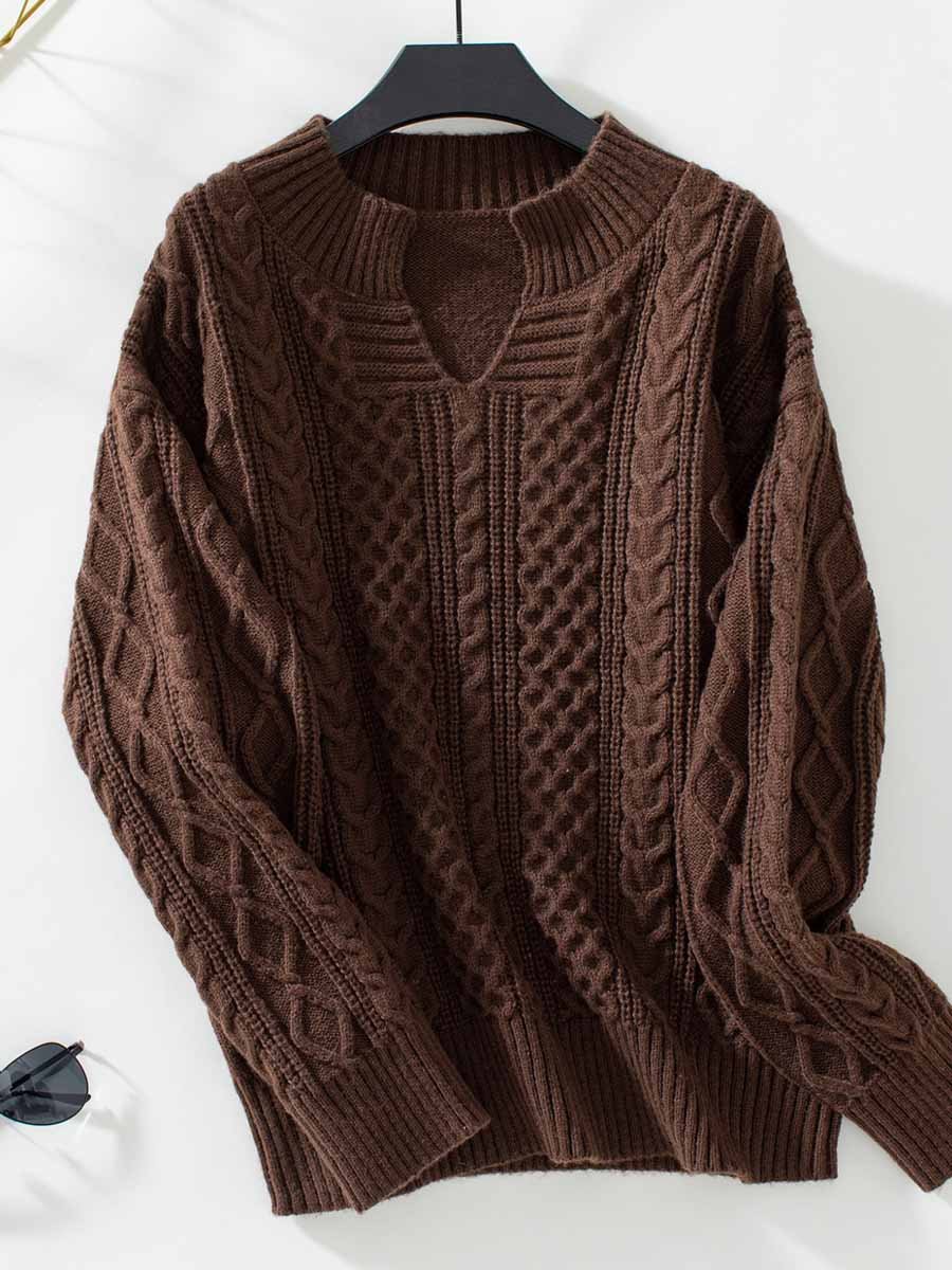 Solid Color Cable-Knit Longsleeved Sweater