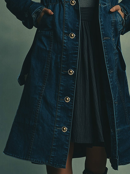 Casual Retro Denim Multi-pocket Midi Coat