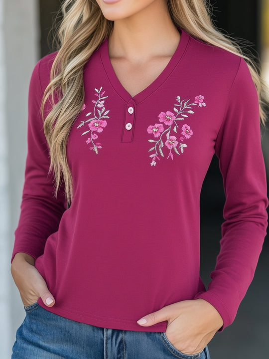 Chic V-neck Flower Handmade Embroidery Long Sleeves T-shirt