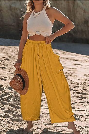 Elastic Waist Pleated Loose Casual Cotton and Linen High Waist Wide Leg Pants