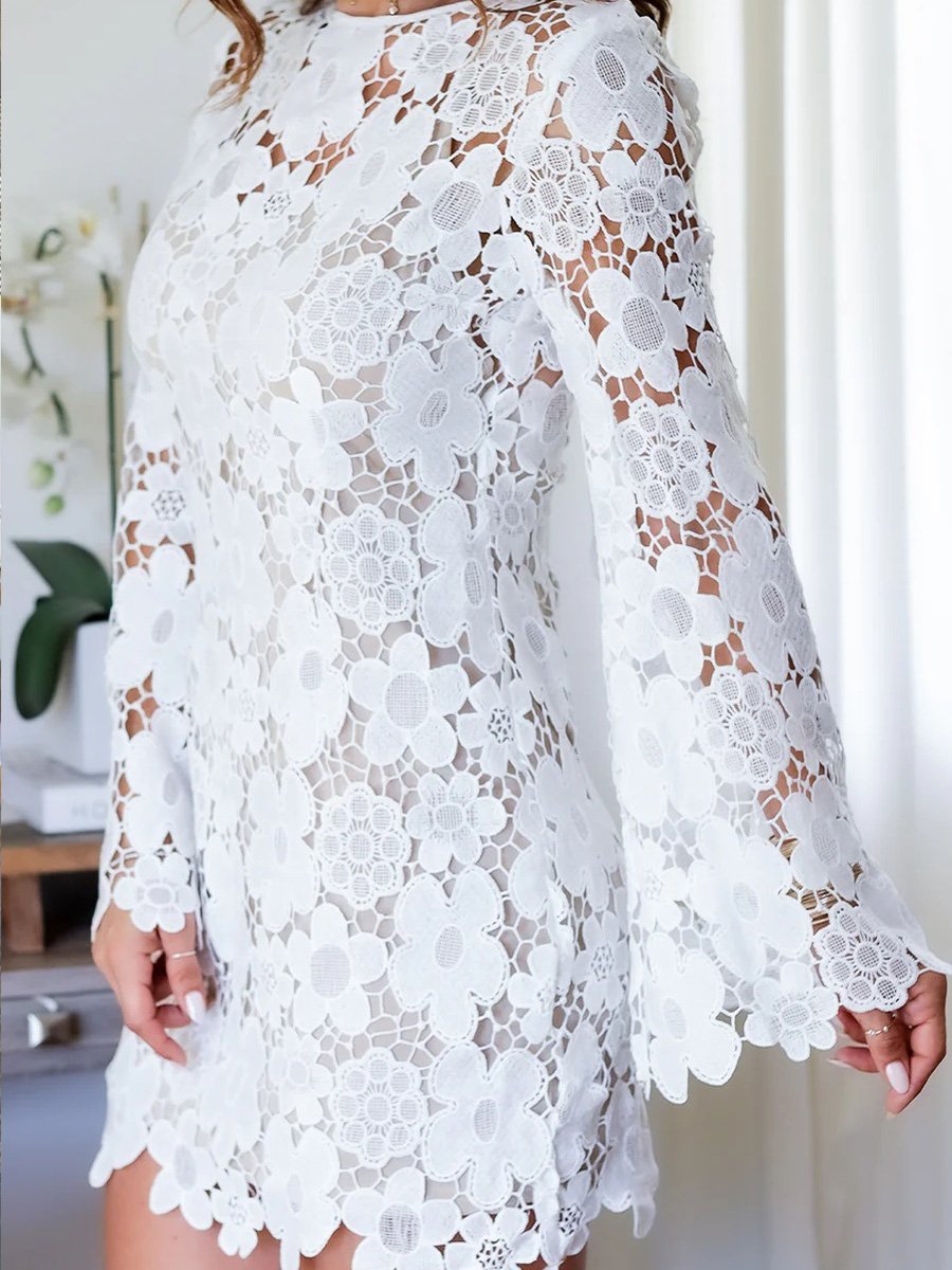 Fashion Round Neck Lace Flower Double Layer Long Sleeve Hollow Dress