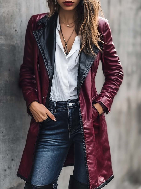 Women's Vintage Contrast Long Leather Jacket