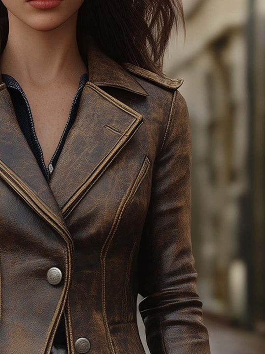 Vintage Lapel Button Leather Long Jacket