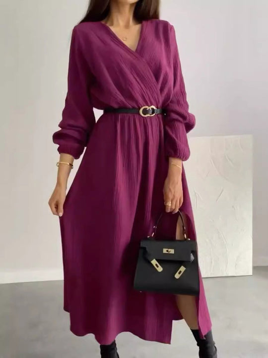 Fashion V-neck Long-sleeved Solid Color Waist Maxi Dress