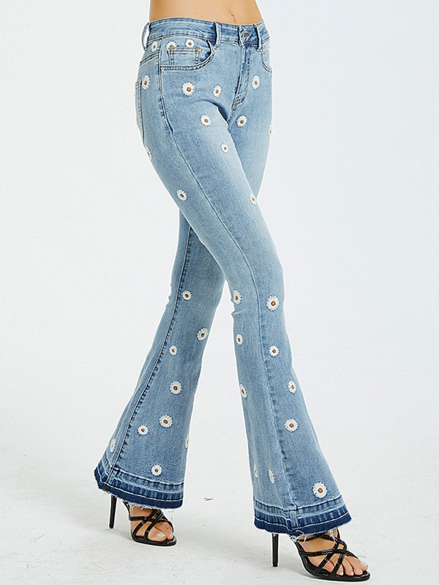 Chic Daisy Embroidered Slim-fit Flared Jeans