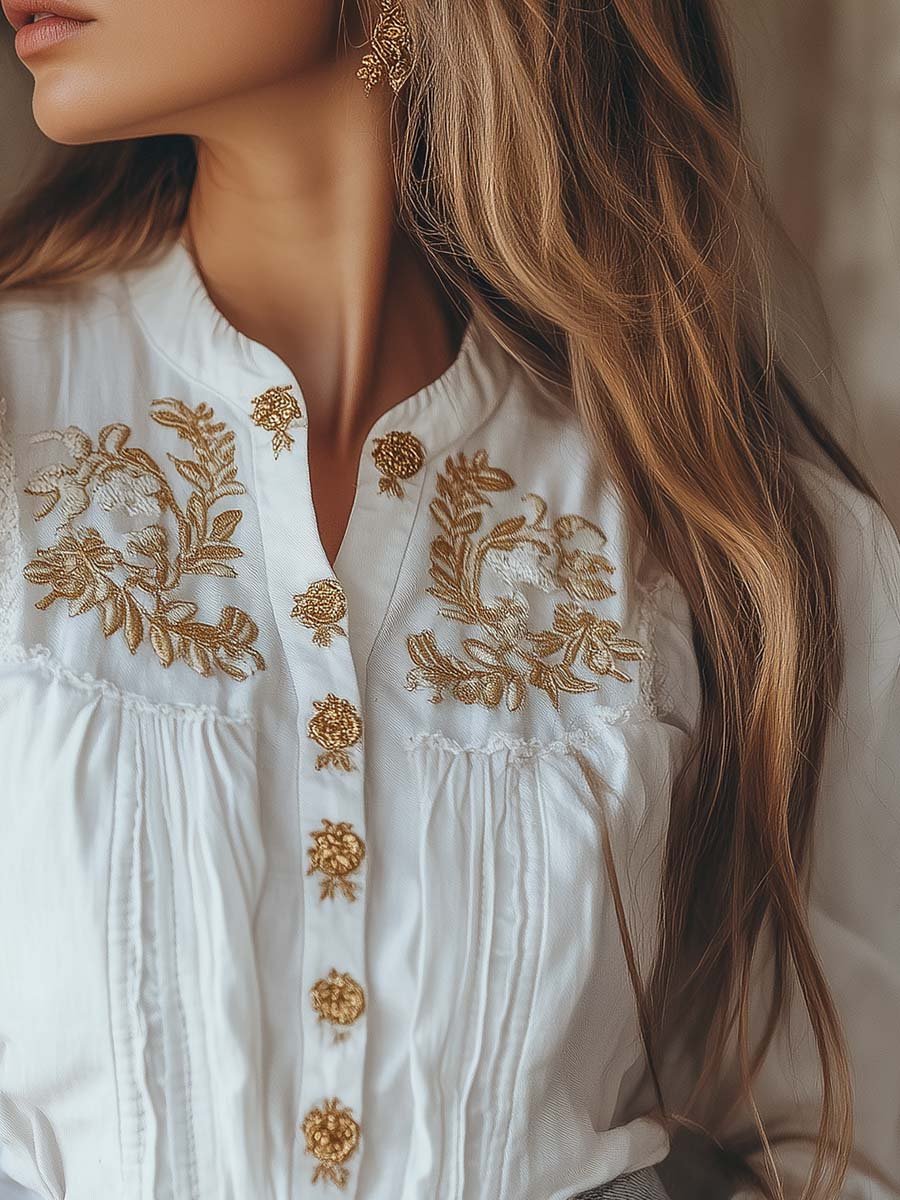 Women's Gold Embroidered Cotton Long-sleeved Blouse