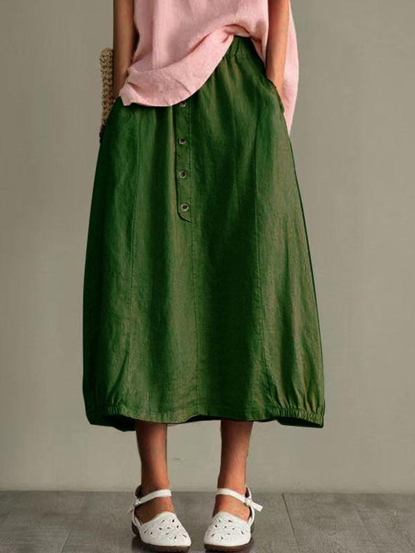 Cotton and Linen Elastic Waist Pocket Button Skirt