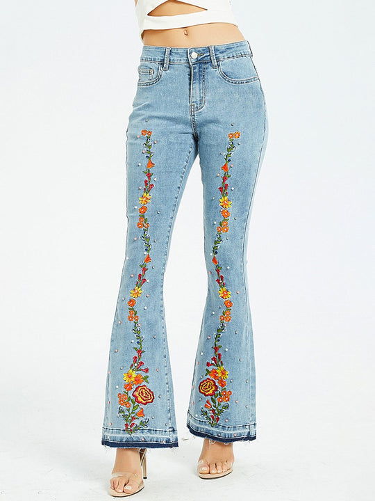 Stylish Exquisite Embroidered Slim-fit Flared Jeans