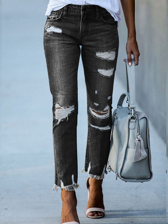 Washed Distressed Fringe Slim-fit High-stretch Jeans