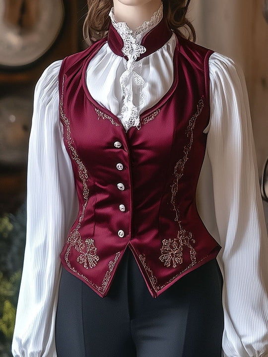 Retro Simple Embroidery Button Down Satin Waistcoat