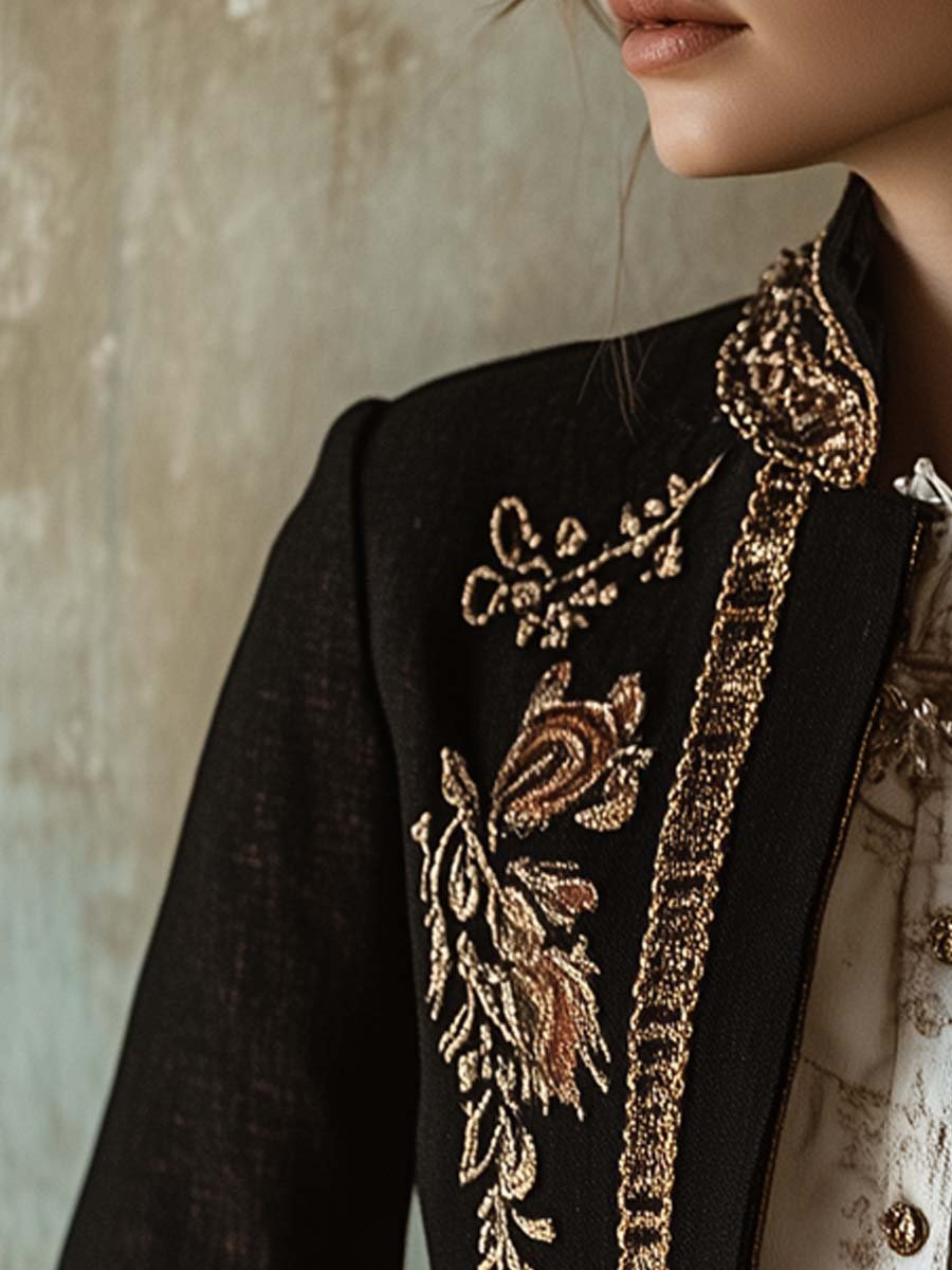 Women's Vintage Gold Embroidered Cotton Linen Jacket