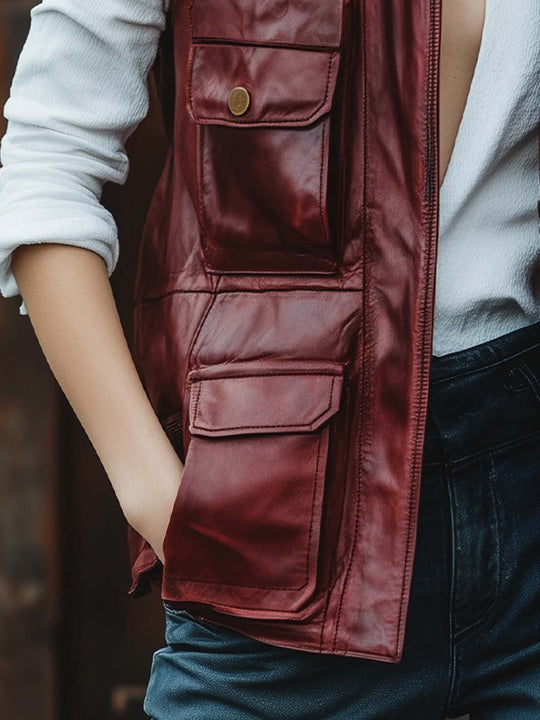 Women's Vintage Zipper Multi-Pocket Leather Waistcoat