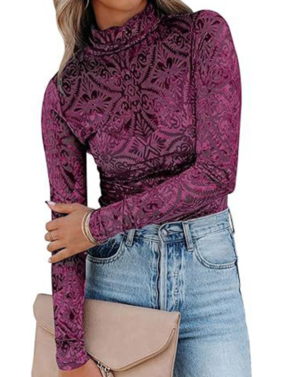 High Collar Velvet Burnt Flower Hollow Long Sleeve Bottoming Shirt