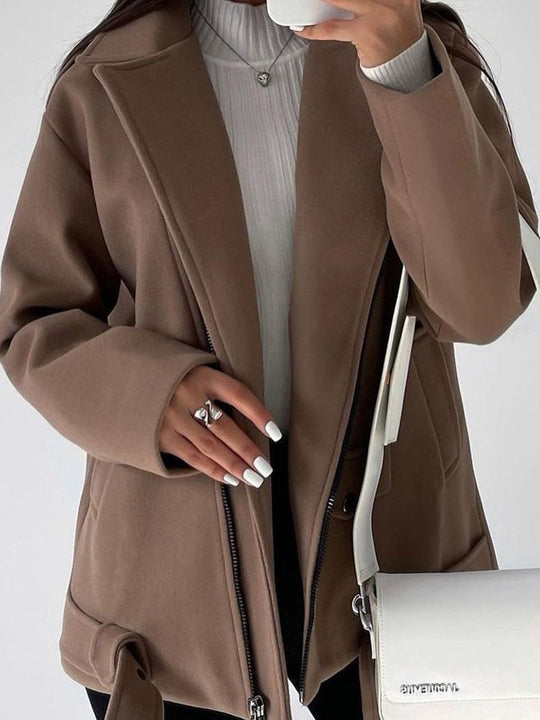 Belted Lapel Long-sleeved Woolen Coat