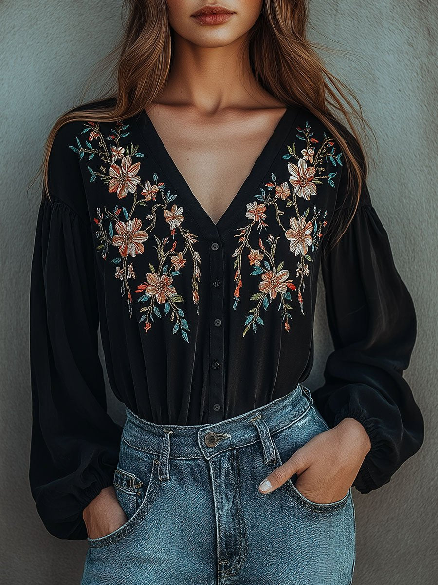 V-neck Single-breasted Flower Embroidery Shirt