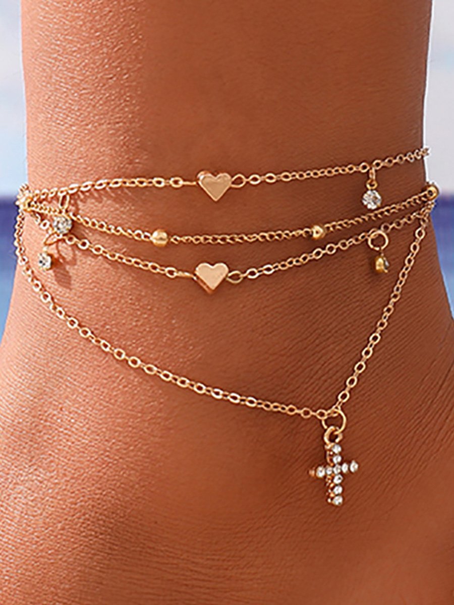 Retro Simple Round Bead Double Layer Love Heart Anklet