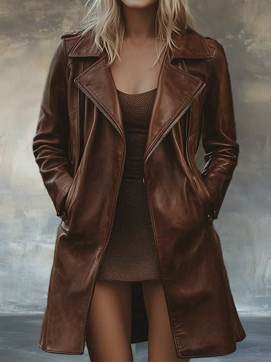 Brown Vintage Lapel Zipper Midi Leather Jacket