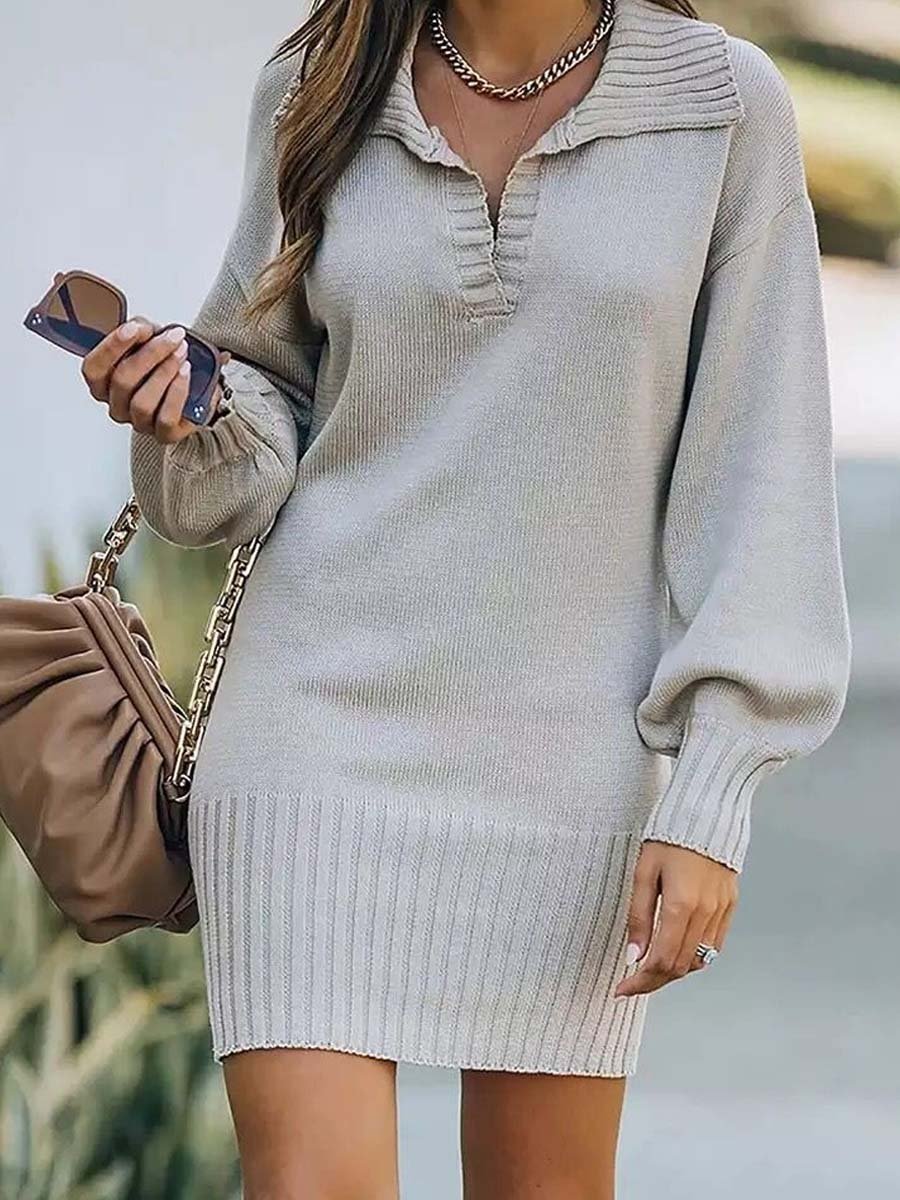 Women's Lapel Lantern Sleeve Knit Bodycon