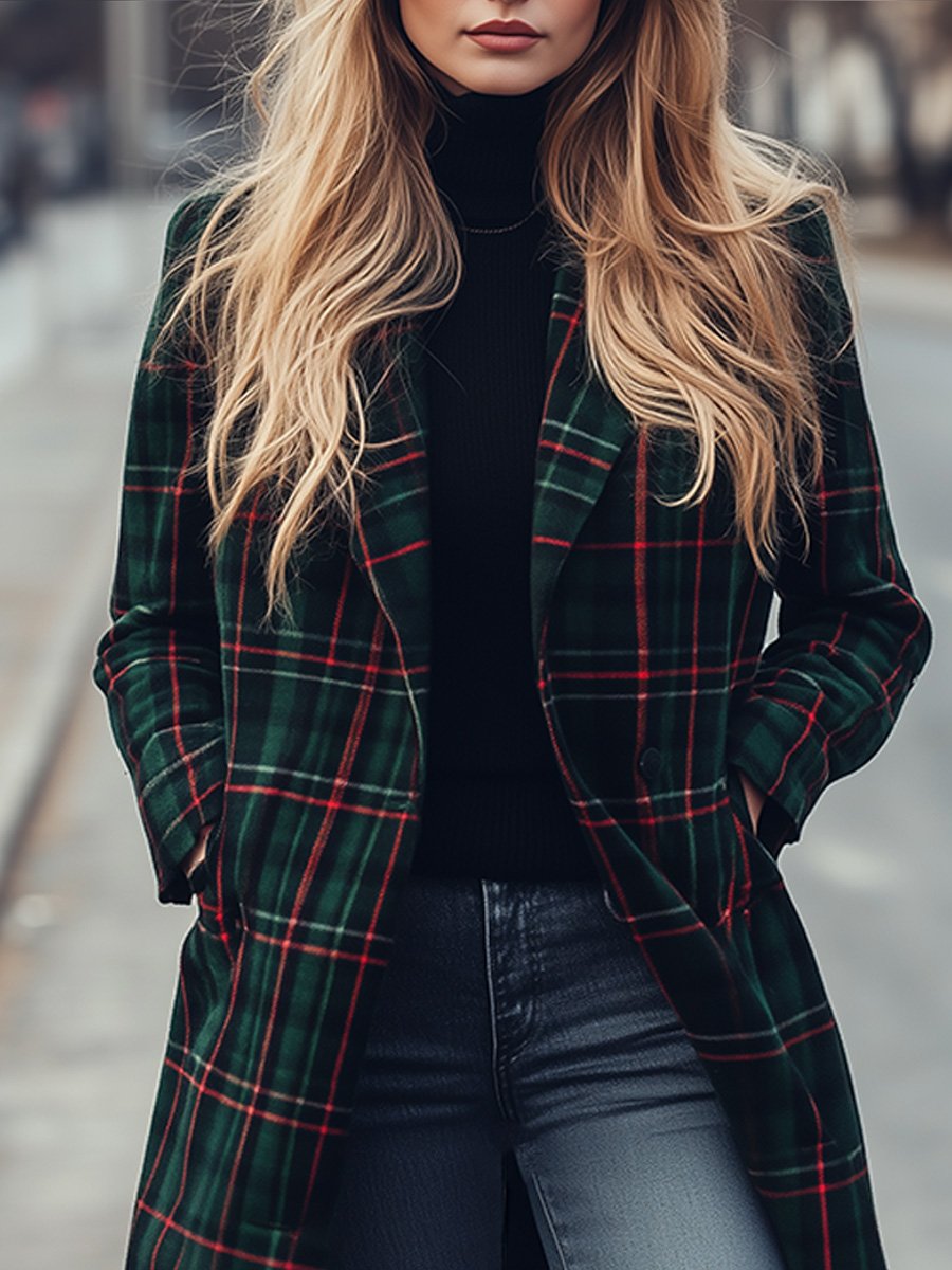 Chic Vintage Check Wool Midi Coat