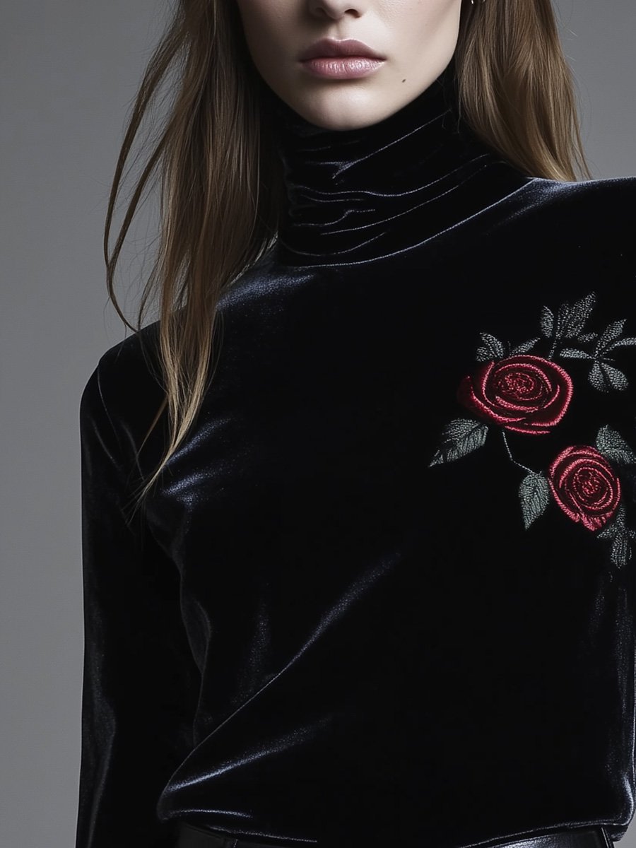 Vintage Velvet Embroidered Turtleneck Bottoming Shirt