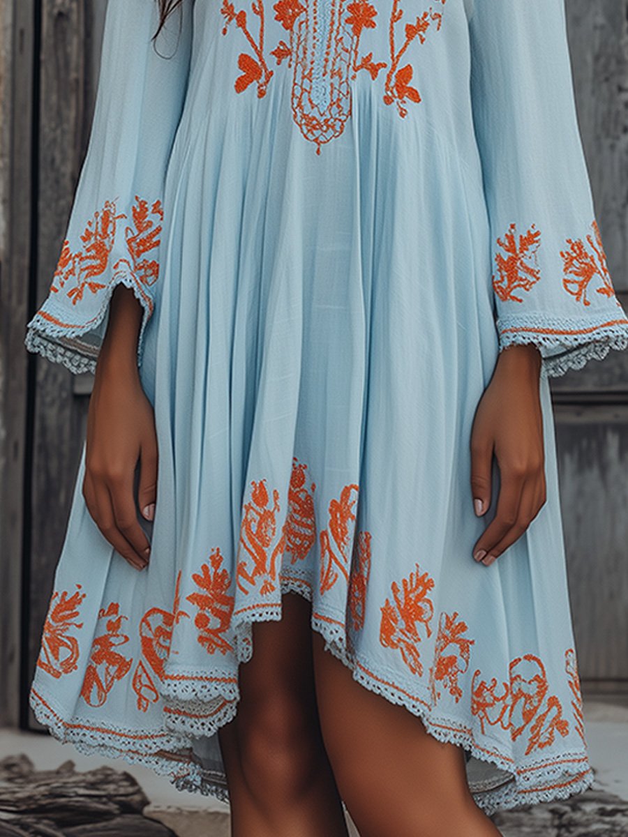 Boho Embroidered Asymmetric Hem Dress In Sky Blue