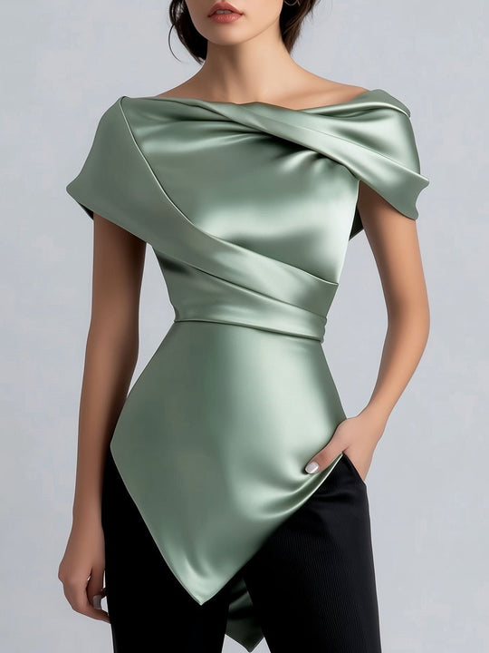 Unique Design Pleated Satin Short Sleeve Blouse