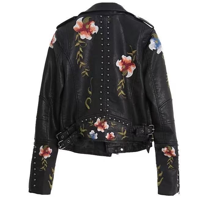 Stylish Elegant Embroidered Rivet Leather Jacket