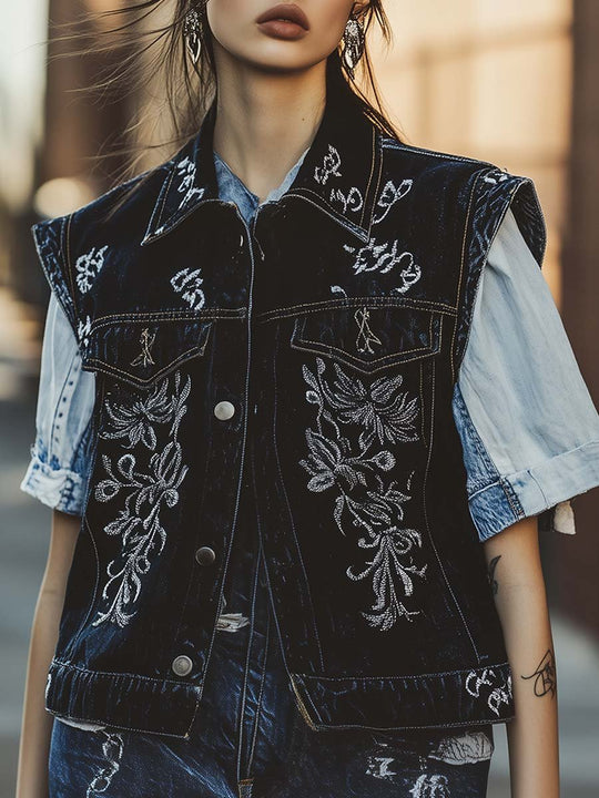 Midnight Embroidery Denim Vest