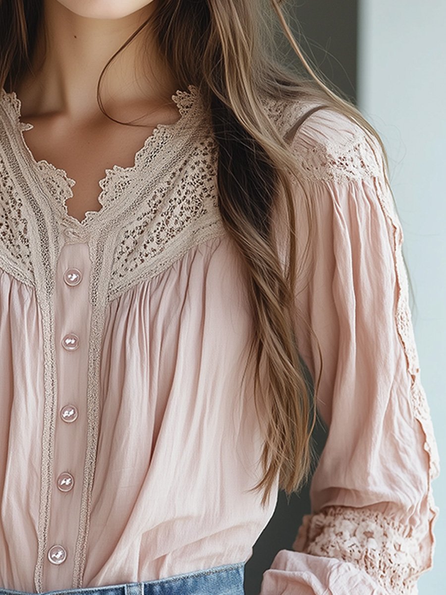 Romantic Blush Lace-Trimmed with Button Details Blouse