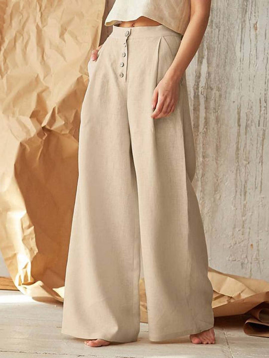 Women's High Waist Casual Button Cotton Linen Wide Leg Pants