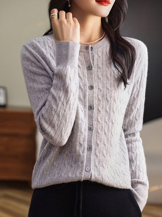 Fashion Round Neck Slim Fit Cable Knit Cardigan