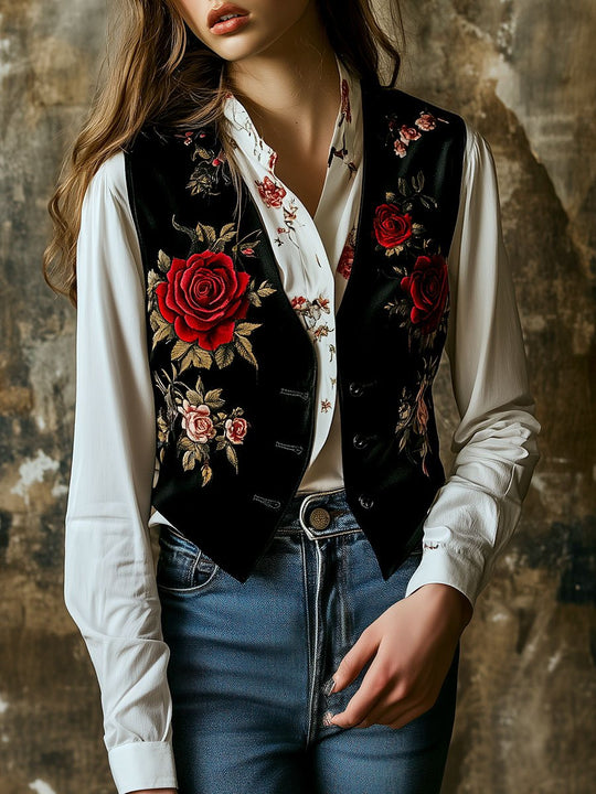 Retro Floral Printed Button Down Velvet Waistcoat