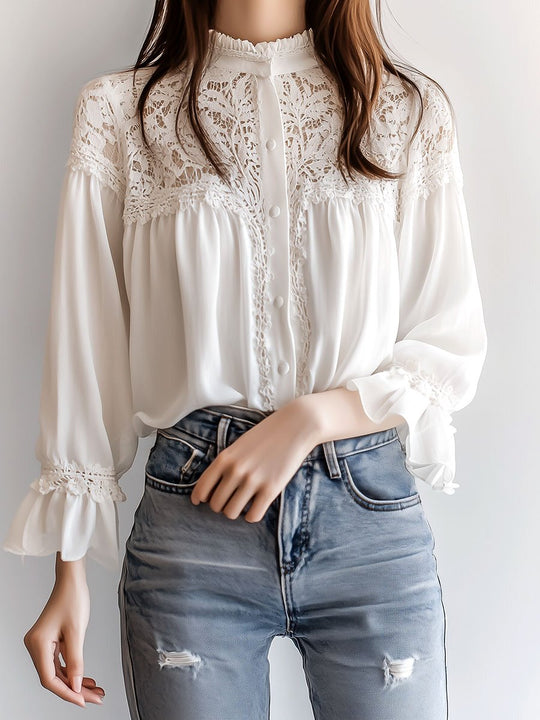 Retro Stand Collar Lace Patchwork Ruffled Cuffs Shirt