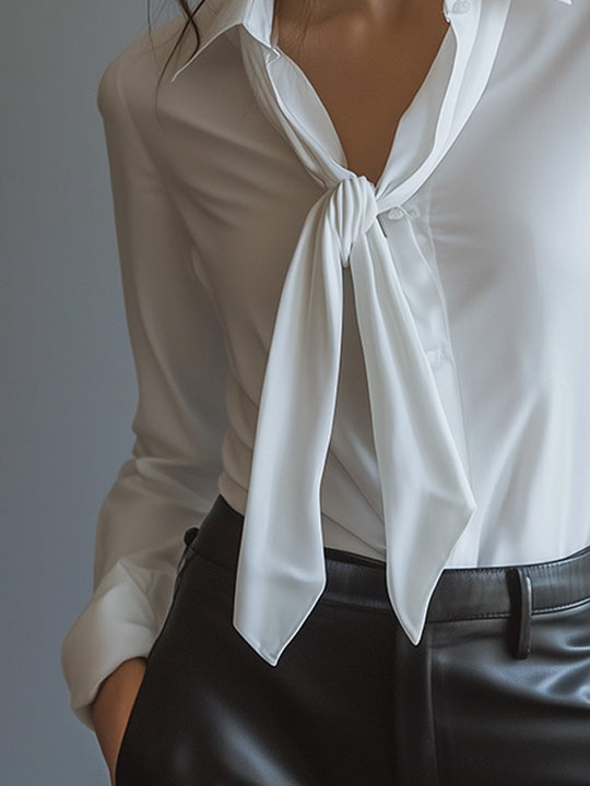 Classic White Delicate Bow Long Sleeve Shirt