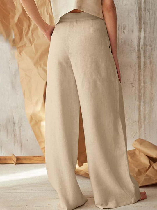 Women's High Waist Casual Button Cotton Linen Wide Leg Pants