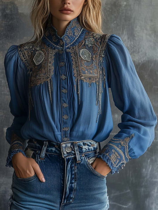 Regal Charm Embroidered Blue Lace Blouse