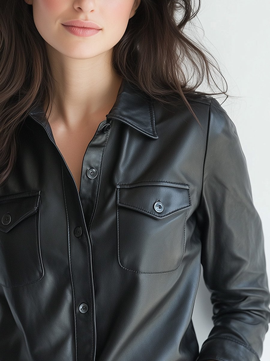 Casual Vintage Button Long Sleeve Leather Shirt