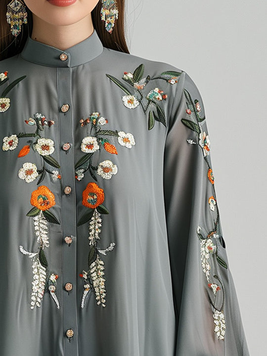 Floral Embroidered Commuter Long-sleeved Shirt