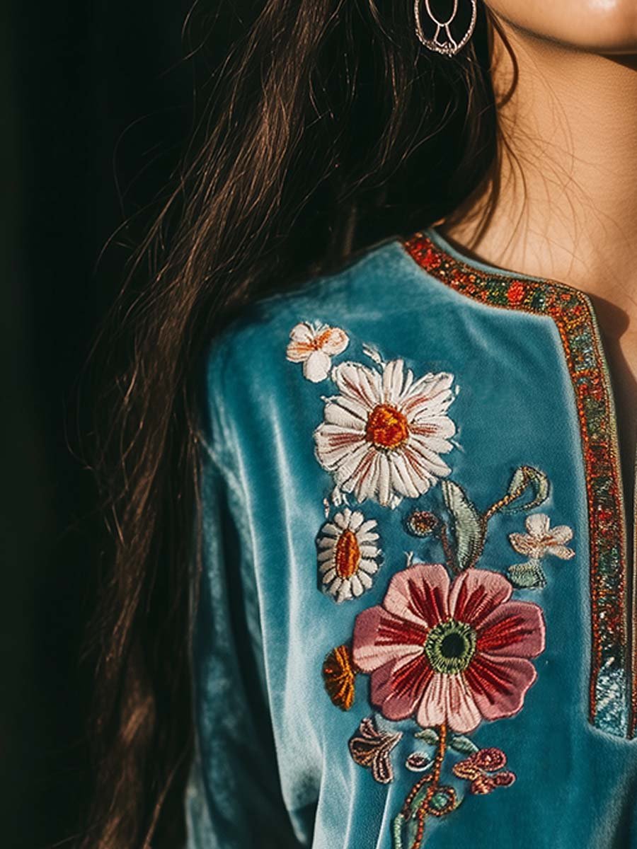 Women's Vintage Embroidered Floral Velvet Shirt