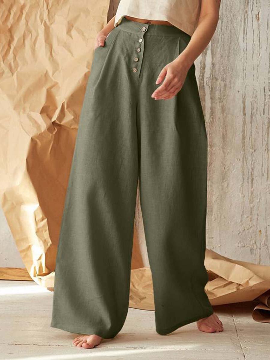 Women's High Waist Casual Button Cotton Linen Wide Leg Pants