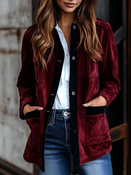 Chic Constract Trim Pockets Suede Shirt Coat