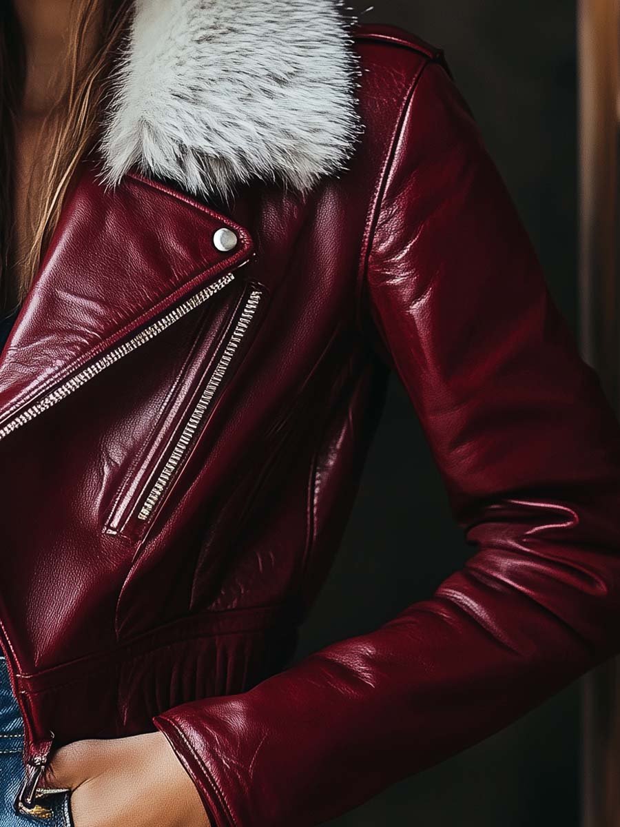 Women's Vintage Fur Collar Zipper Leather Jacket