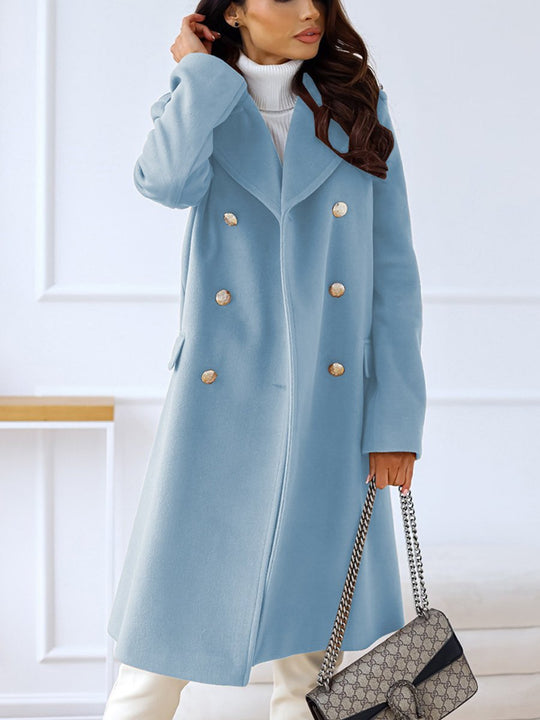 Lapel Double-breasted Simple Long-sleeved Woolen Coat