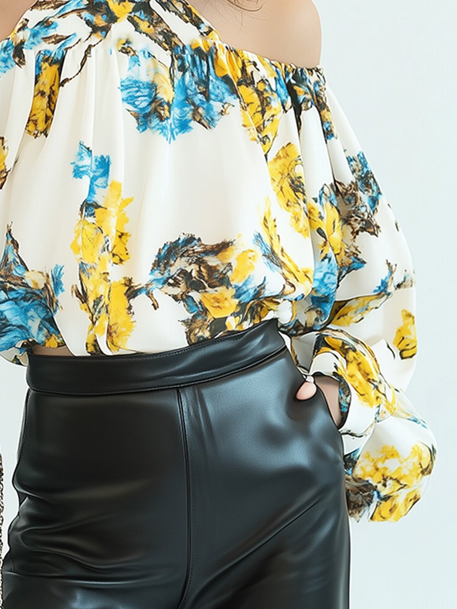 Bold Floral Off-Shoulder with Balloon Sleeves Blouse