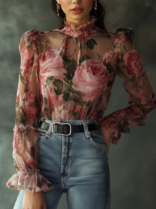 Romantic Rose Sheer Blouse with Ruffled Elegance