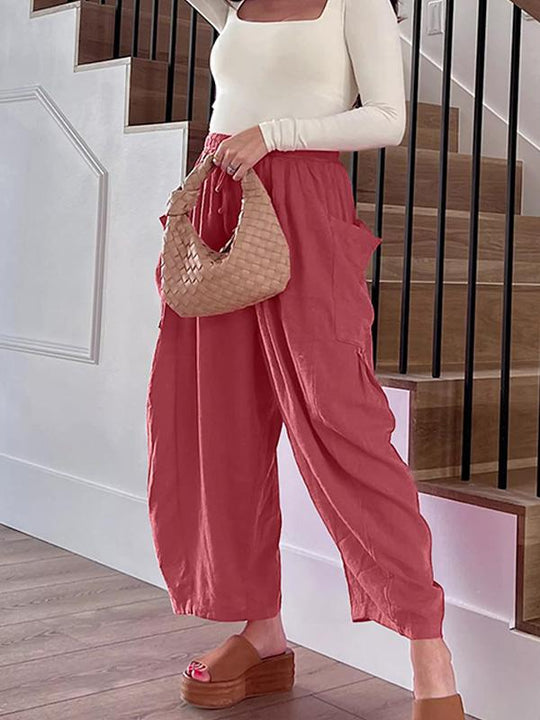 Elastic Waist Pleated Loose Casual Cotton and Linen High Waist Wide Leg Pants