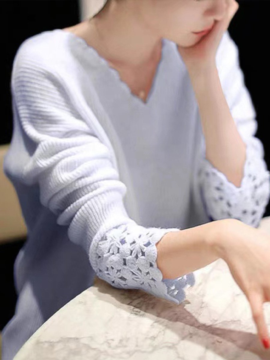 V-neck Hollow Stitching Long-sleeved Cashmere Sweater