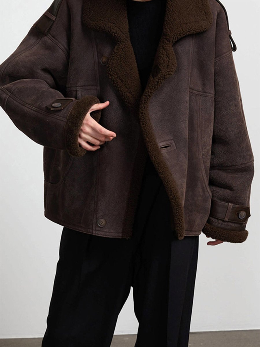 Retro-Inspired Relaxed Brown Wool Lapel Jacket