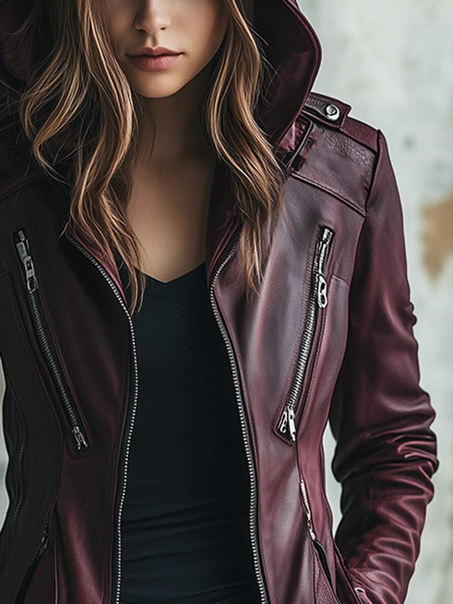 Fashion Retro Loose Hooded Zipper Windproof Leather Jacket